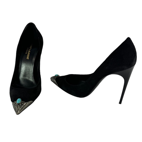 SAINT LAURENT Black Suede Zoe Metal Turquoise Cap Toe Pumps 38.5 - 8.5 US - Picture 4 of 12